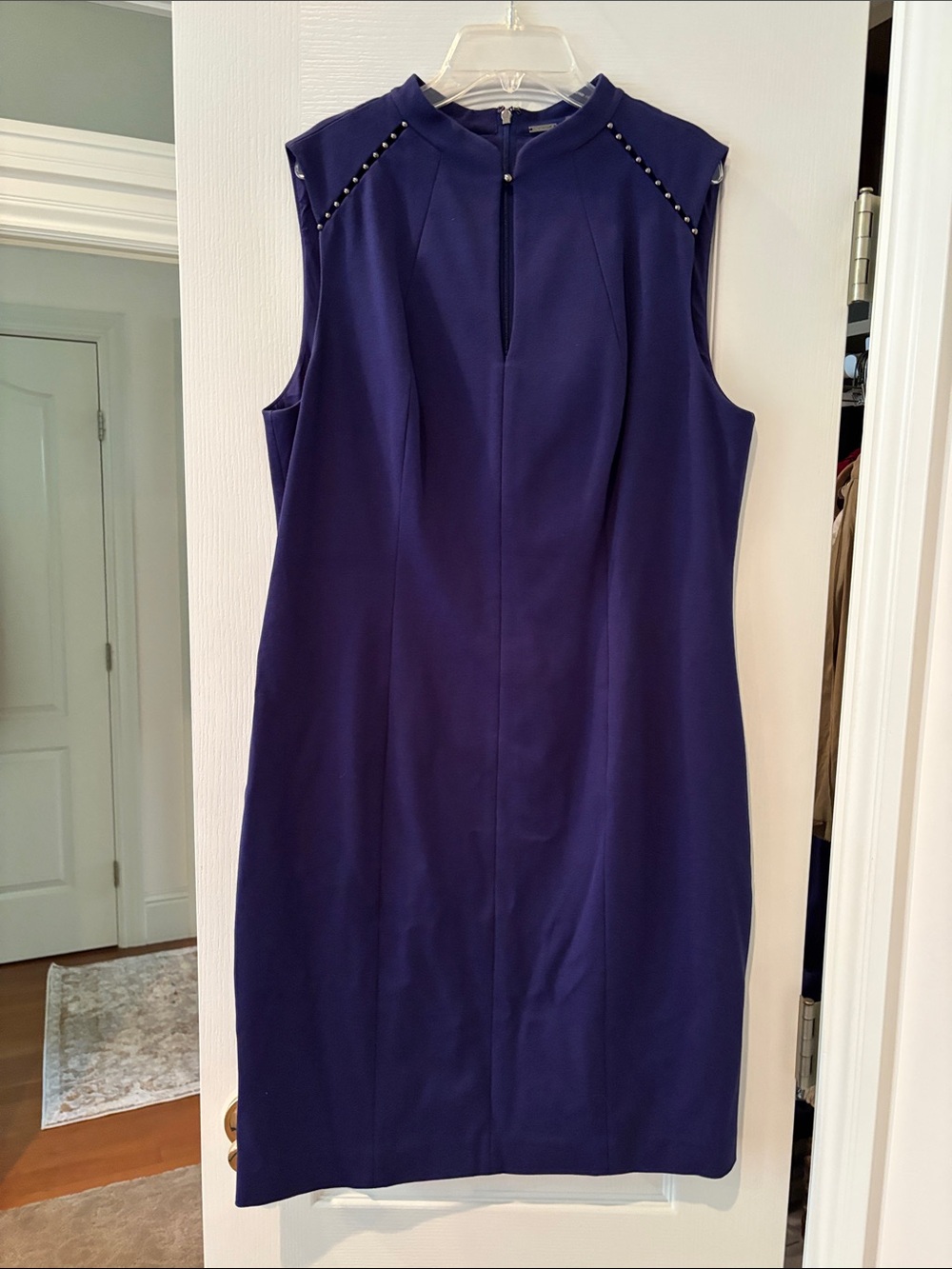 Elie Tahari Sleeveless Deep Navy Shift Dress with Stud Trim